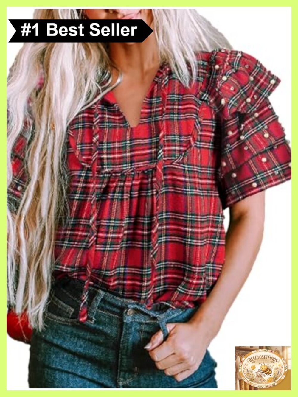 Plaid Pearl Ruffle Sleeve Top Loose Fit V Neck Short Sleeve Halloween Christmas